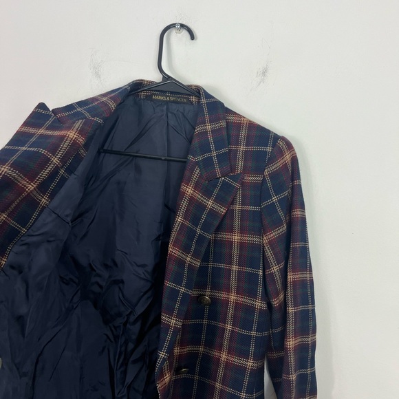 Vintage Marks & Spencer Navy Plaid Double Breasted Wool Jacket Sz 6P - Picture 13 of 13